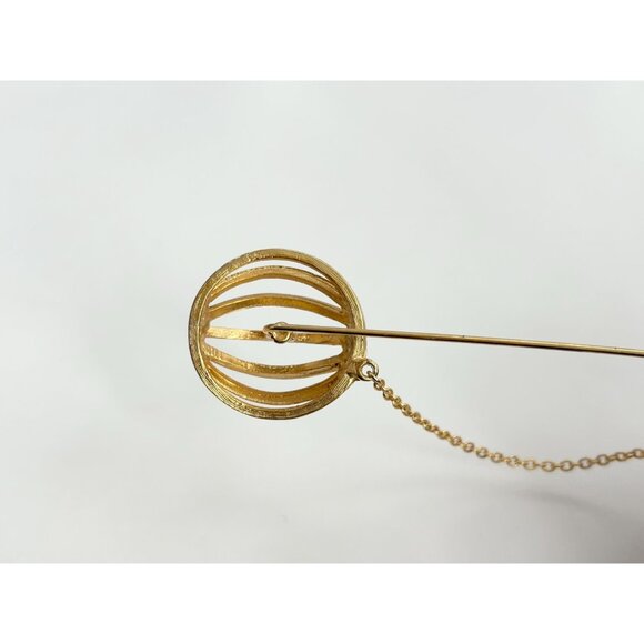 Gold T Spherical Cage w/ Safety Chain Vintage Stick Pin | Hat Pin | Lapel Pin - Picture 9 of 10